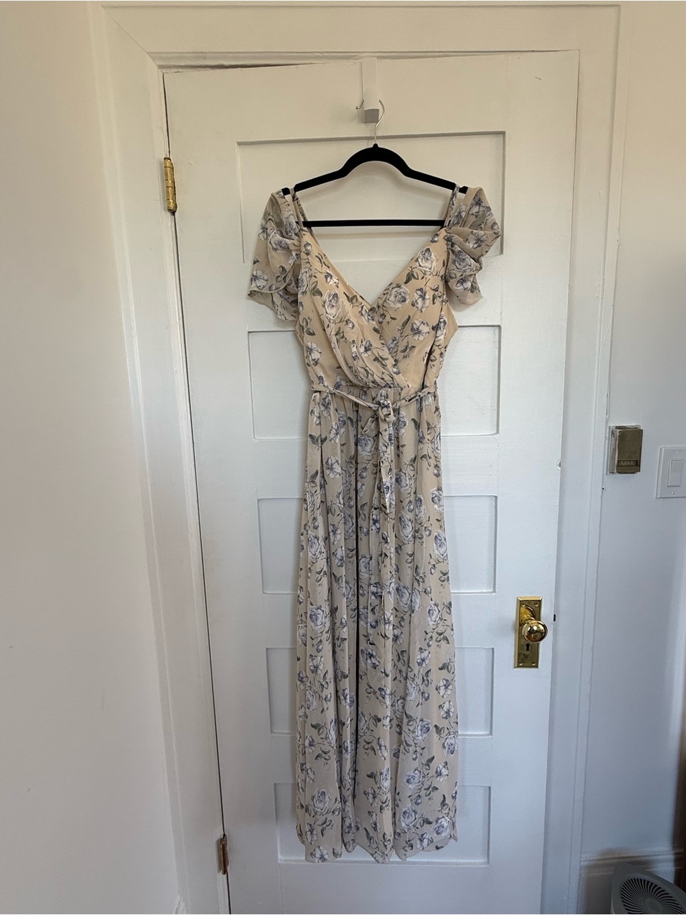 Beige Floral Wrap Maxi Dress with Ruffle Sleeves